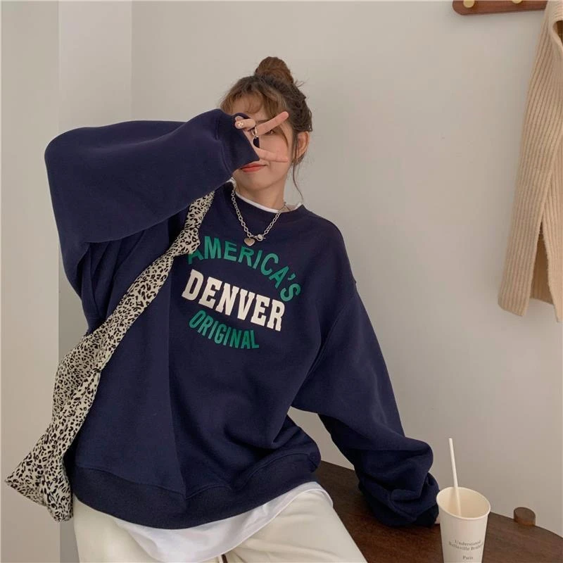 Retro Korean Loose Long Sve round Ne Sweatirt Women's Lazy Sle Comfortable Polyester Fiber Printed Hoodie