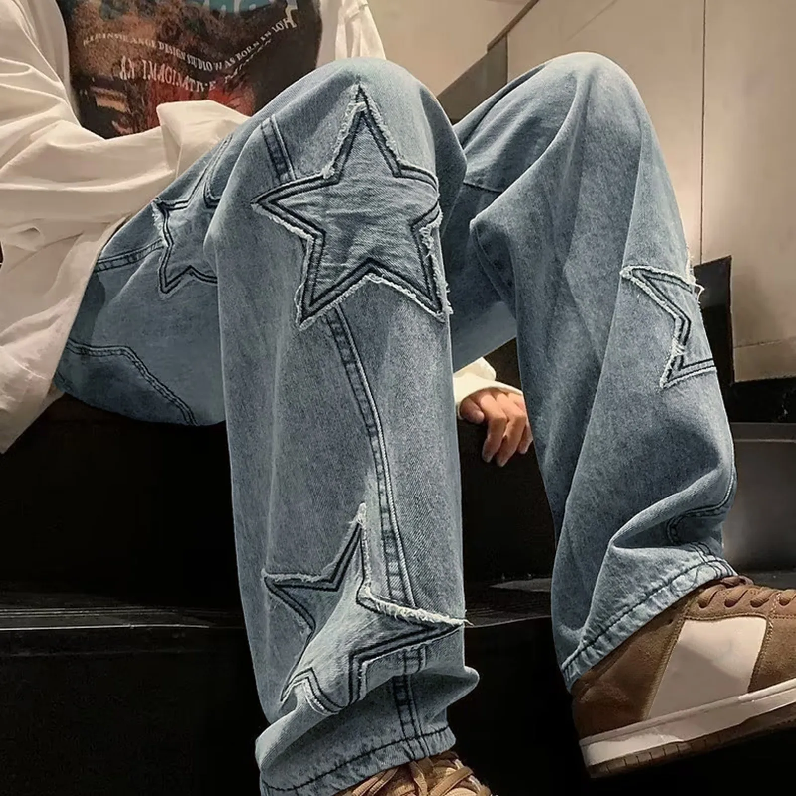 Star Print Ripped Denim Pants Men's Autumn Blue/Black American Style High Waist Loose Jeans Trousers New Mens Jeans