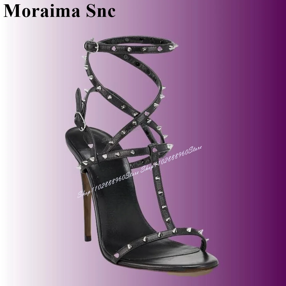 

Black Narrow Strap Rivet Decor Runway Sandals Thin High Heel Women Shoes Ankle Buckle Strap Open Toe 2024 Zapatos Para Mujere