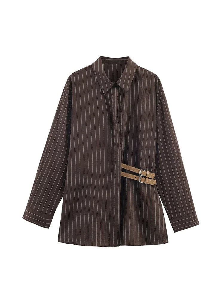 Women's Long Sleeve Striped Shirt Vintage Casual Lapel Button Up Blouse Female Fashionable Comfortable Street Clothing