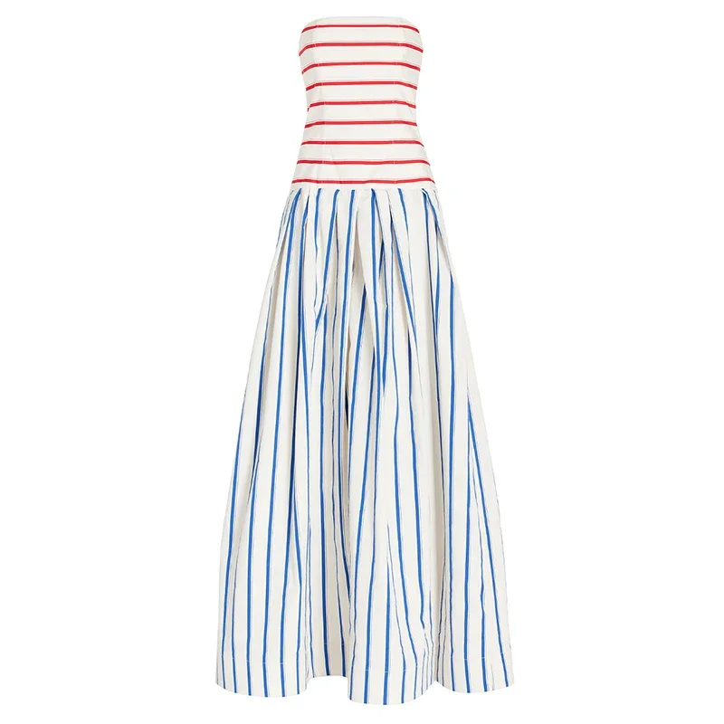 Flaxmaker Women Holiday Bandeau Striped Print Sling Maxi Dress Summer Off The Shoulder Party Vestidos Femme Long Dresses 1