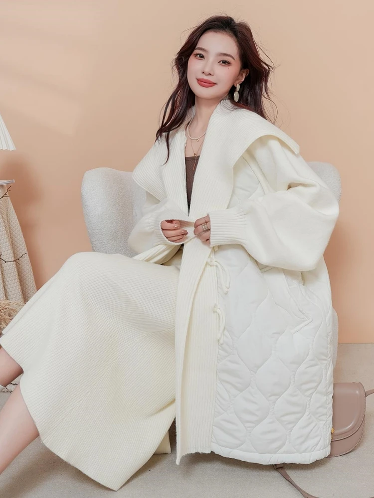 Oversized Lapel Knitted Stitching Cotton-Padded Cardigan Women Winter New Sailor Collar Solid Color Casual Loose Mid-Length Coat
