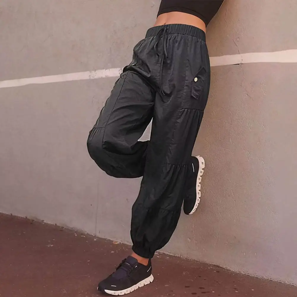

Women Cargo Pants Elastic Waist Drawstring Pockets Hiking Sport Trousers Wide Leg Pleated Cuffs Sport Pants