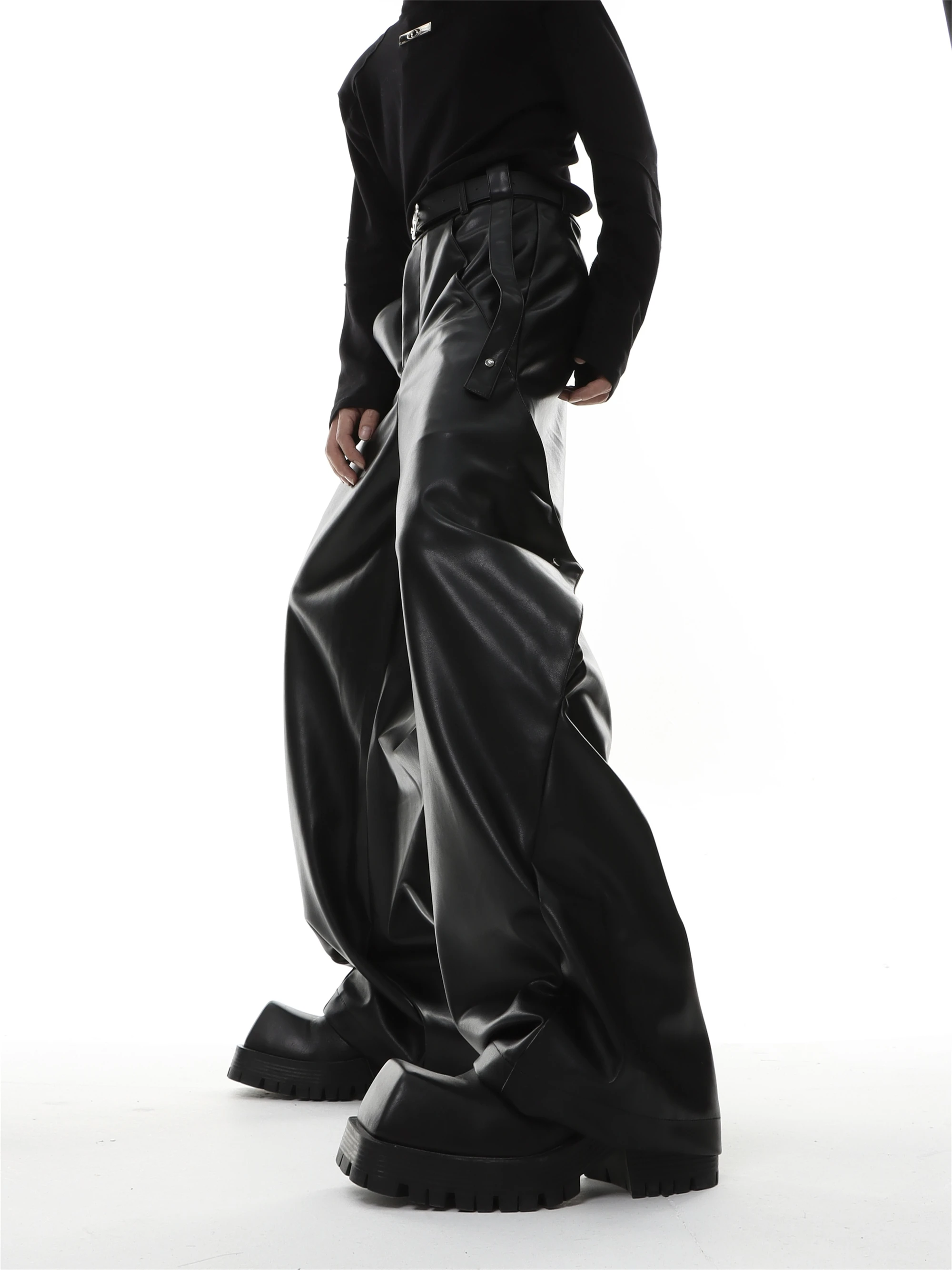 

27-46 New 2023 Men Women Clothing Yamamoto Style Ribbon Rivet Design Leather Pants Trousers Lovers Plus Size Costumes