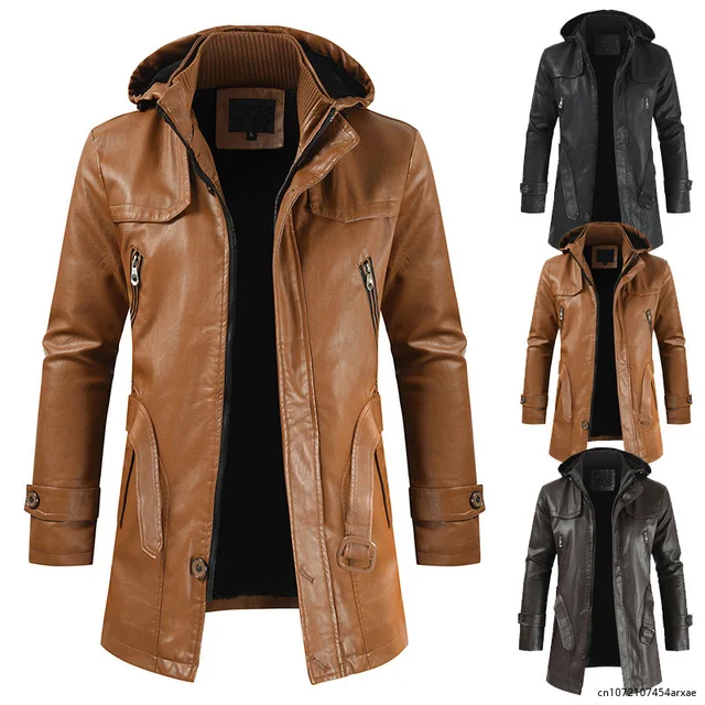 Men's PU Hooded Slim Fit Medium Leather Windbreaker Waterproof Motorcycle Autumn Winter Jacket Men's Fashionable Leather Jacket