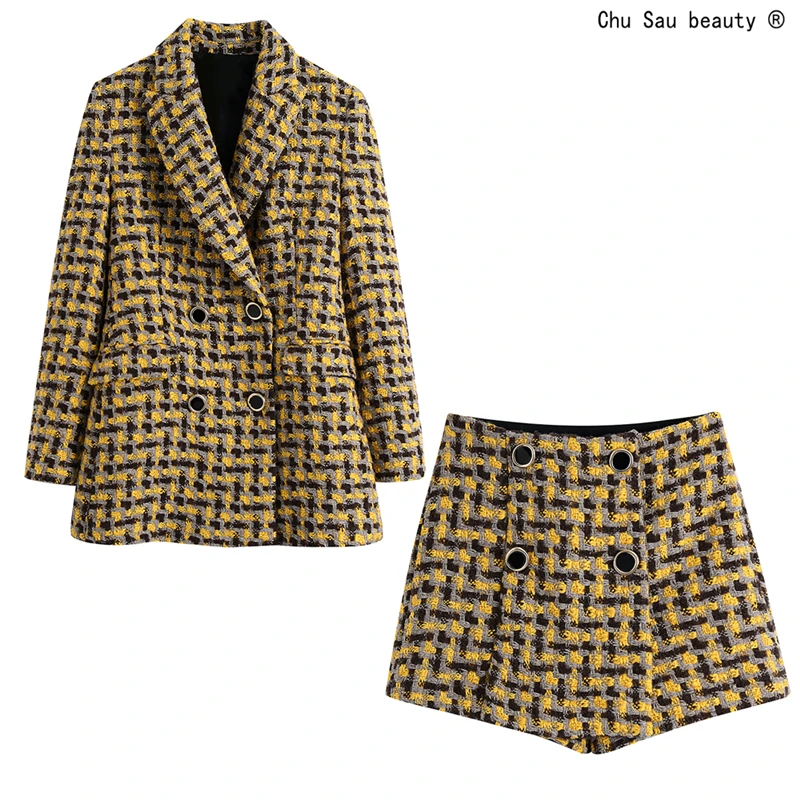 Женский двубортный блейзер в клетку повседневный винтажный английском стиле с