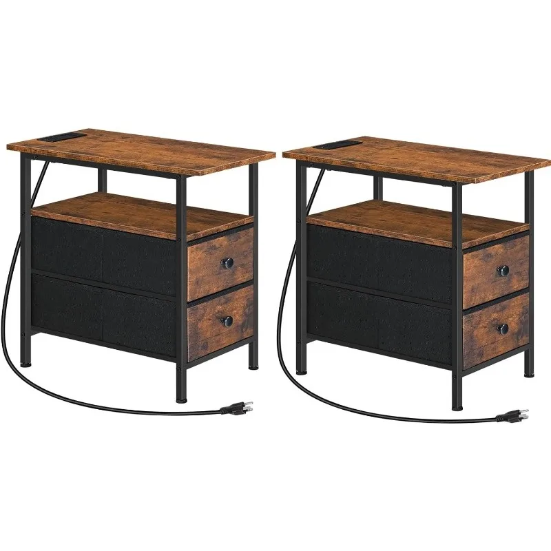 

HOOBRO End Table with Charging Station, Set of 2 Narrow Side Tables, Nightstand with 2 Non-Woven Drawers, Slim Sofa Table