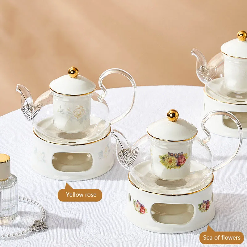 Ceramic Tea Set with Glass Teapot, Candle Warmer, Infuser, Ideal for Blooming and Loose Leaf Tea, High Quality