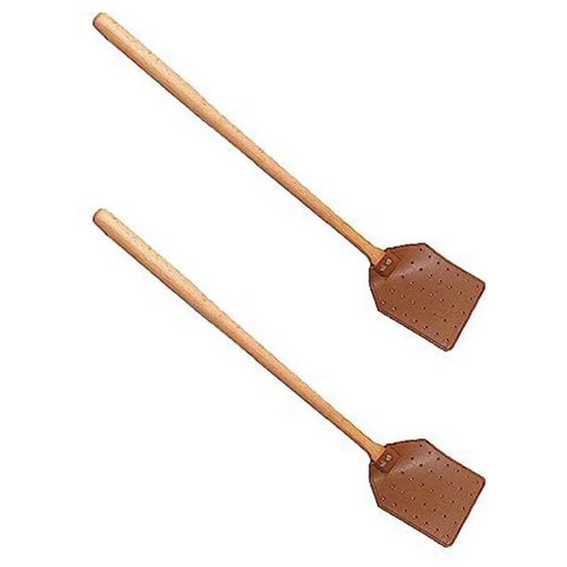 Y17A 2X PU Leather Fly Swatter Heavy Duty Manual Fly Swatter With Wood Handle,Durable Leather For Indoor Outdoor