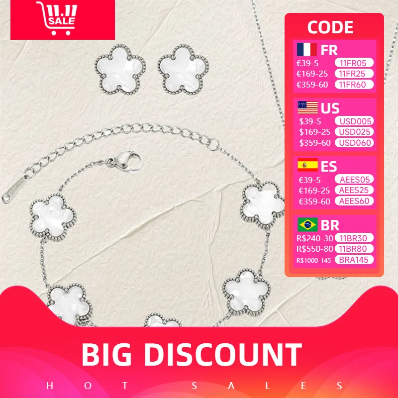 Jewelry Set Women Silver Color Chain Stainless Steel Double Sided Five Leaf Flower Necklace Earrings Bracelet Clover For jewelry sets jewelry set women earrings chain necklace