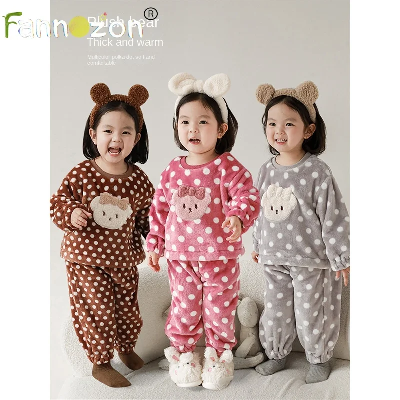 

2 PCS Cute Girls Clothes Children Sets Cotton Warm Plush Winter Loungewear Set Pajamas and Robes Clothing for Girls Aged 2 To 7