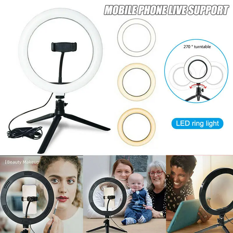 경량 Led 링 라이트 램프 5v 밝기 조절 편리한 Usb 충전 Led 휴대용 셀카 링 라이트 셀카 램프 12w 10 인치, 조명, 밝기 조절, 편리한, 스마트