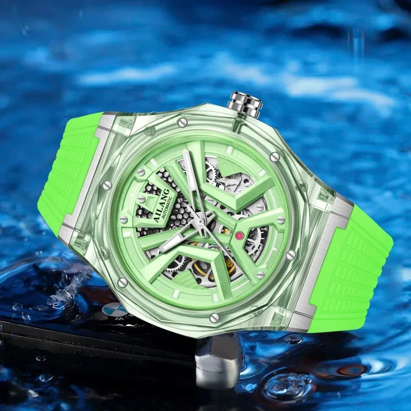 Montre mécanique de sport pour hommes de marque AILANG, bracelet en caoutchouc de luxe, étanche, aiguilles lumineuses, mode squelette, montres automatiques pour hommes_voghion.com