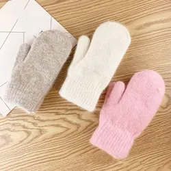 1 Pair Women Plush Gloves Winter Thicken Double Layer Short Rabbit Fur Mitten Knit Soft Warm Full Finger Gloves Japanese Mitten