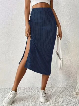 Elegant Navy Blue Casual Slit Skirt