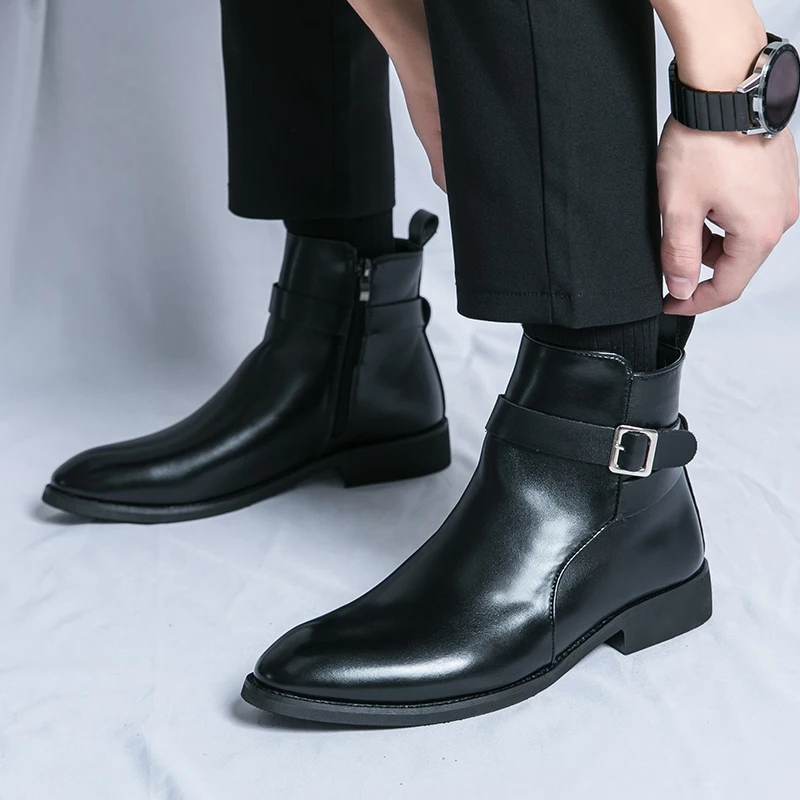 High-quality New Men Ankle Boots Men's Side Zipper Brown