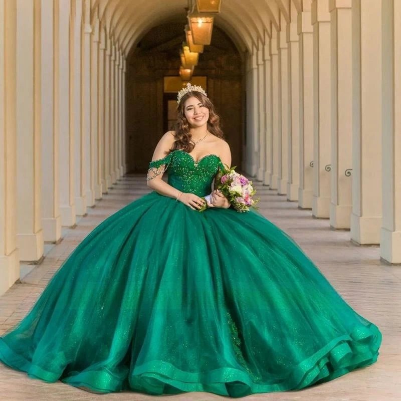 

Emerald Green Ball Gown Quinceanera Dresses 2023 Appliques Off Shoulder Sweet 16 Dress Vestido De 15 Anos Lace-Up Princess Miss