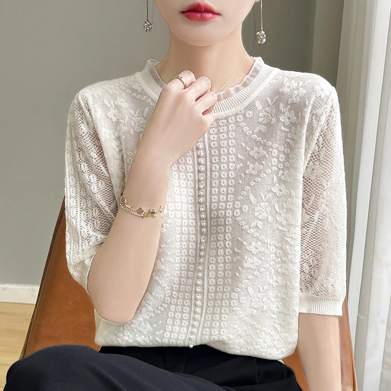 용수철 여름 신상 레이스 상의, 펀칭 슬림핏, 프렌치 분위기 있는 5 부 소매 셔츠