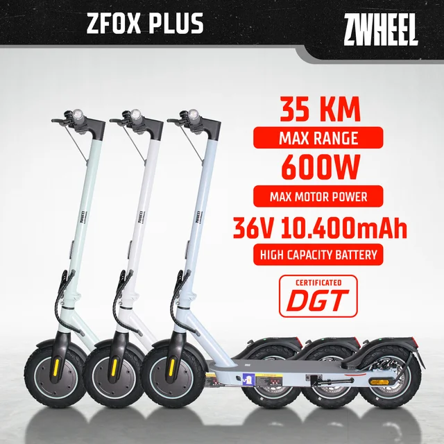 Trottinette électrique ZWHEEL ZFox Plus, moteur 600W max, batterie 10.4Ah, pneus tout-terrain 10 pouces, autonomie 35 km, pliable, avec certification DGT espagnole 1