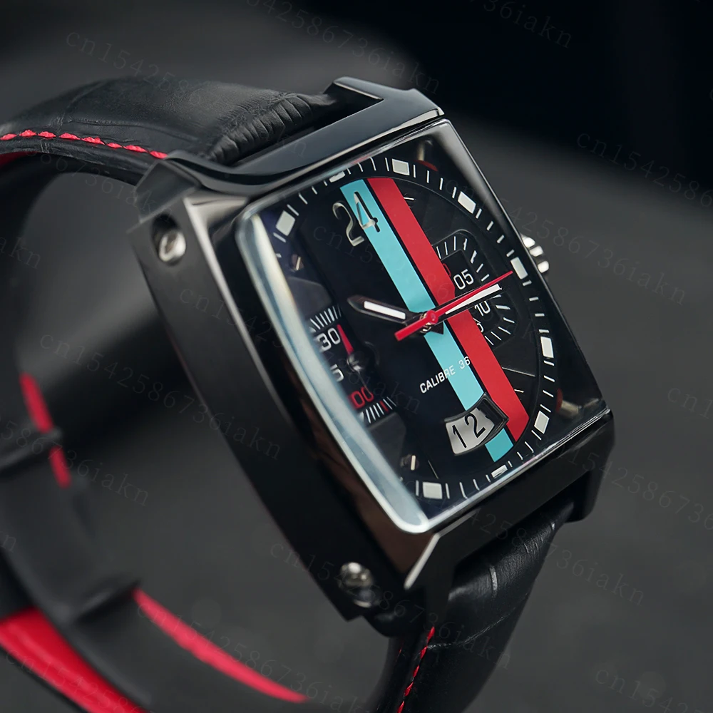 2022Fashion New Men's Color Bar Square Dial Sapphire Mirror Stainless Steel Leather Strap Sports Leisure Waterproof Quartz Watch