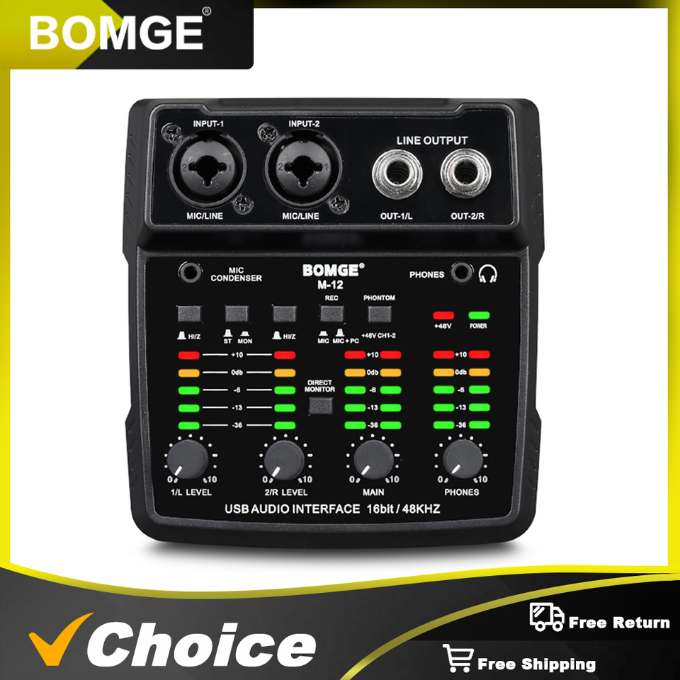 BOMGE M-12 2 Channels Audio Interface for PC,USB Sound Card for Recording Studio, Ultra-low Latency Plug&Play