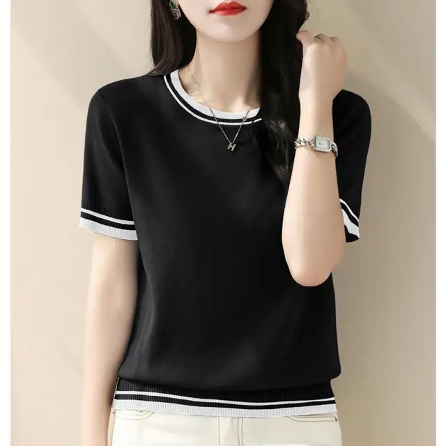 Summer New Contrast Knitting Tops Tees Short Sleeve O-neck Loose Solid Color Elegant T Shirts Vintage Fashion Women Clothing 2