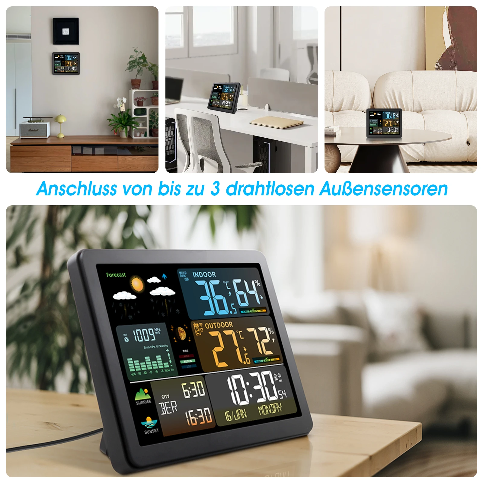 Colorful Digital Wall Clock with Dual Alarms & Weather Station Features-Barometer, Thermometer, Hygrometer White Alarm Clock