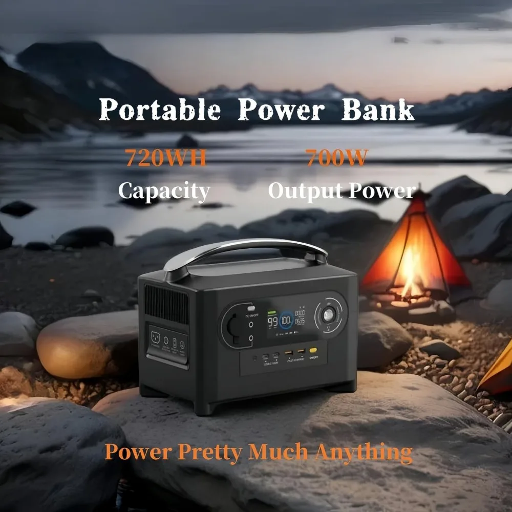 700W/720WH Portable Power Station 200000mA NCM Battery w/ 2 700W AC Outlets,With 100/200W Solar Panel Recharge from 0-80% in 60 3