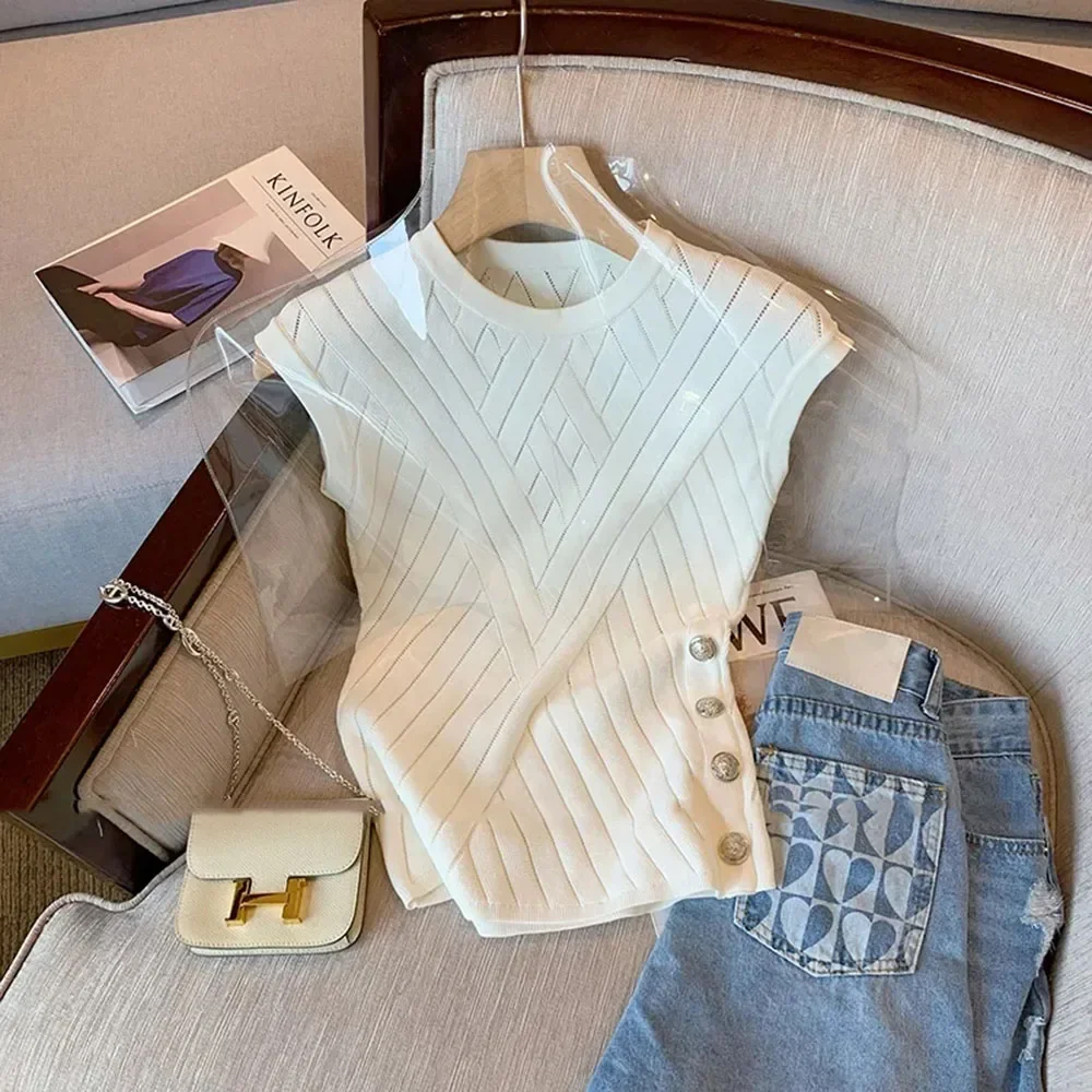 

Новинка, элегантная женская футболка TPJB во французском стиле без рукавов, летний вязаный жилет из вискозы для женщин, мягкие облегающие топы с круглым вырезом, женская футболка