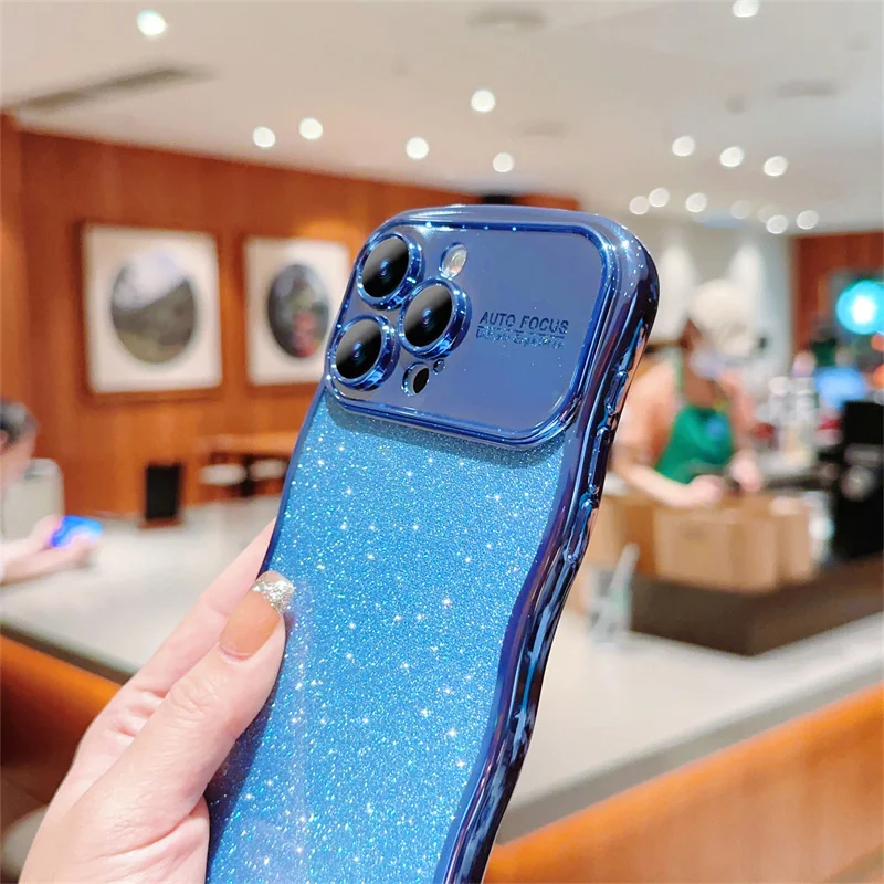 Coque de placage de paillettes à bordure incurvée pour iPhone 15 14 13 12 11 Pro Max, Protection d'appareil photo, pare-chocs souple antichoc_voghion.com