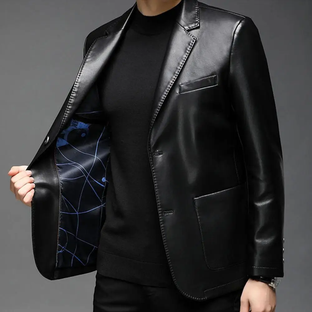 

Men Jacket with Button Decoration Stylish Men's Faux Leather Jacket with Lapel Collar Button Cuffs Multiple Pockets for Outdoor