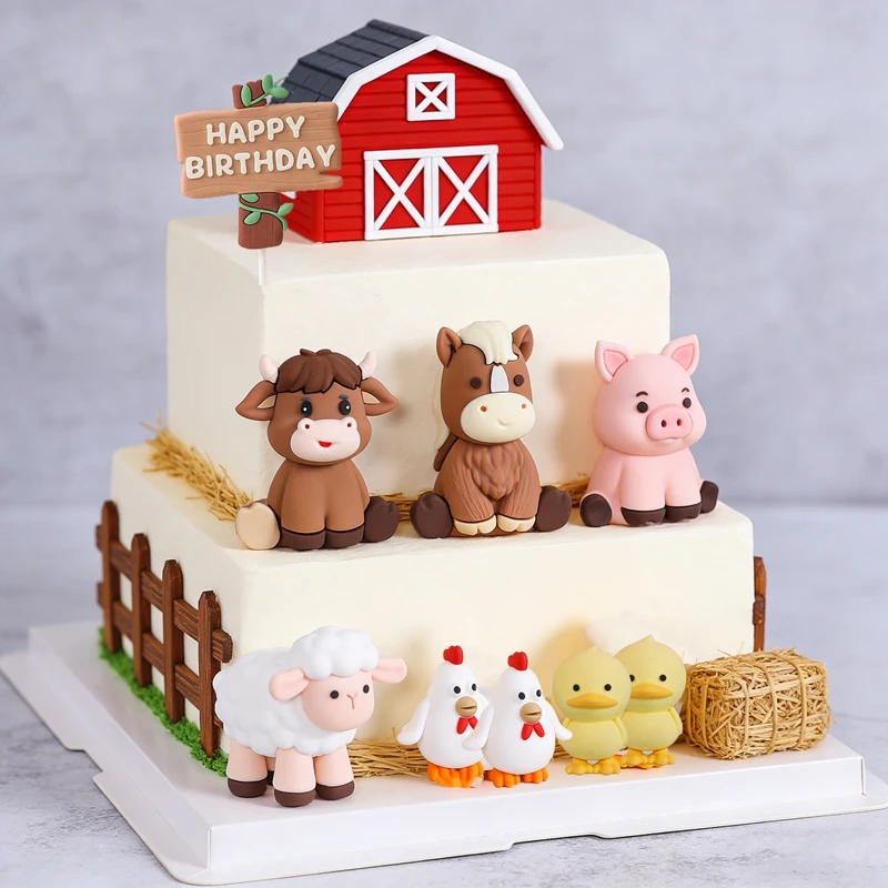 Geburtstagstorten-Dekorationen mit Bauernhoftier-Motiv für Kinder: Kuh, Schaf, Pferd, Landhaus, Kindergeburtstag, Baby-Tortendekoration – Detail 1