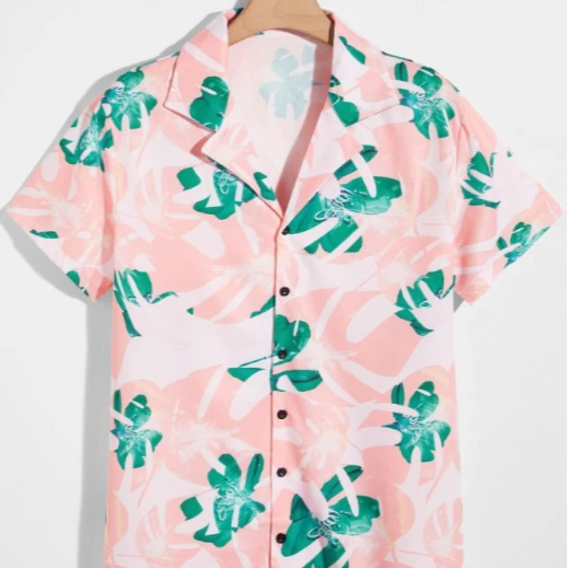 

Men Fashion Street Summer Daily Shirt Hawaiian Broadleaf Print Casual Pink Shirts Short Sleeve Beach Loose Tops Vacation S-XL