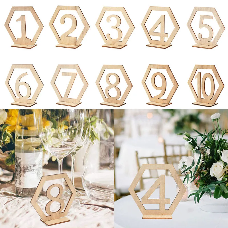 1-20 Table Number Signs Wooden Wedding Table Numbers Hexagon Shape with Holder Base Engagement Birthday Banquet Decor Wood Craft