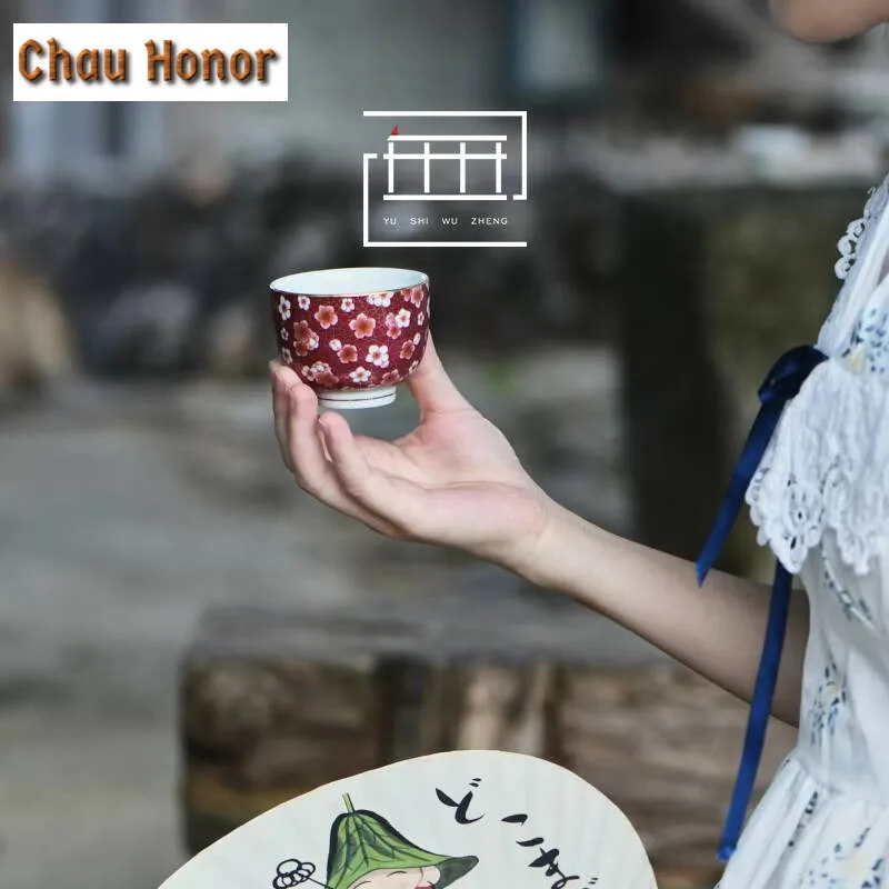 110ml  Antique Plum Blossom Cherry Red Ceramic Tea Cup Luxury Gold Bottom Cup for Tea Personal Cup Bowl Tea Ceremony Gift Box
