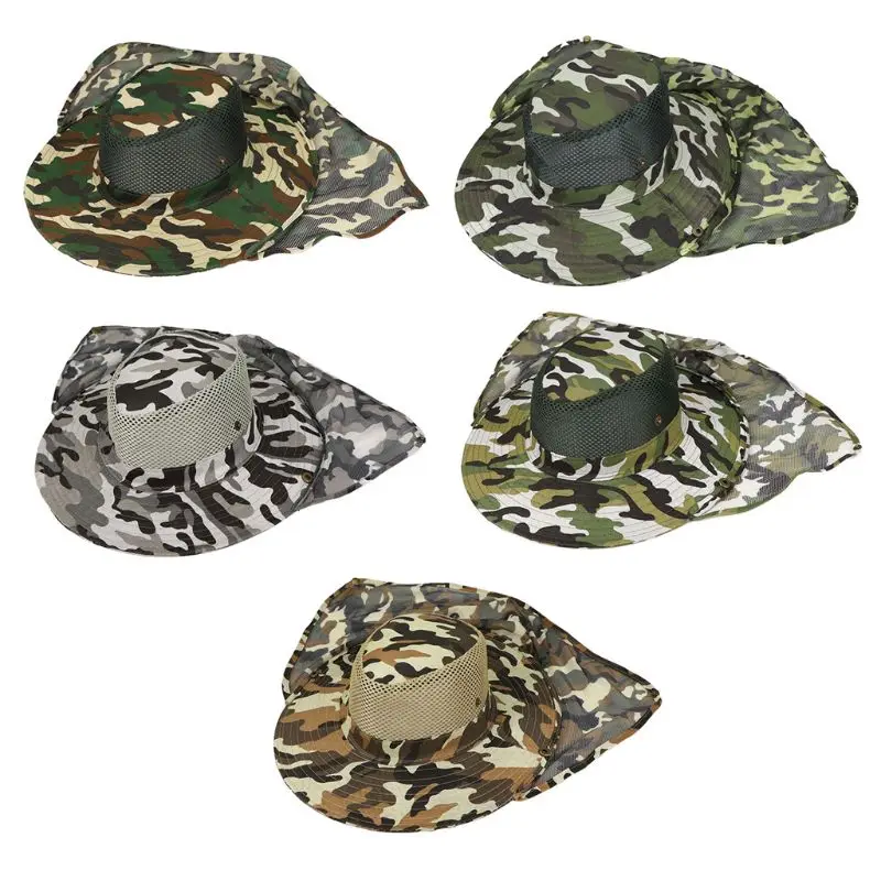 

Men Women Summer Camouflage Floppy Bucket Hat with Mesh Neck Flap Protector Outdoor Hiking Fishing Wide Brim Boonie