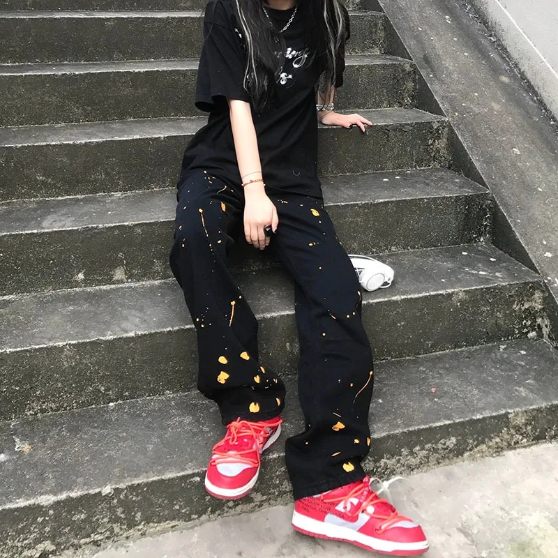 plus size clothing Streetwear Hip-Hop Loose BF Wind Splashed Ink Jeans Women Spring 2022 All-Match Casual Straight-Leg Pants Female Korean Trousers flare jeans