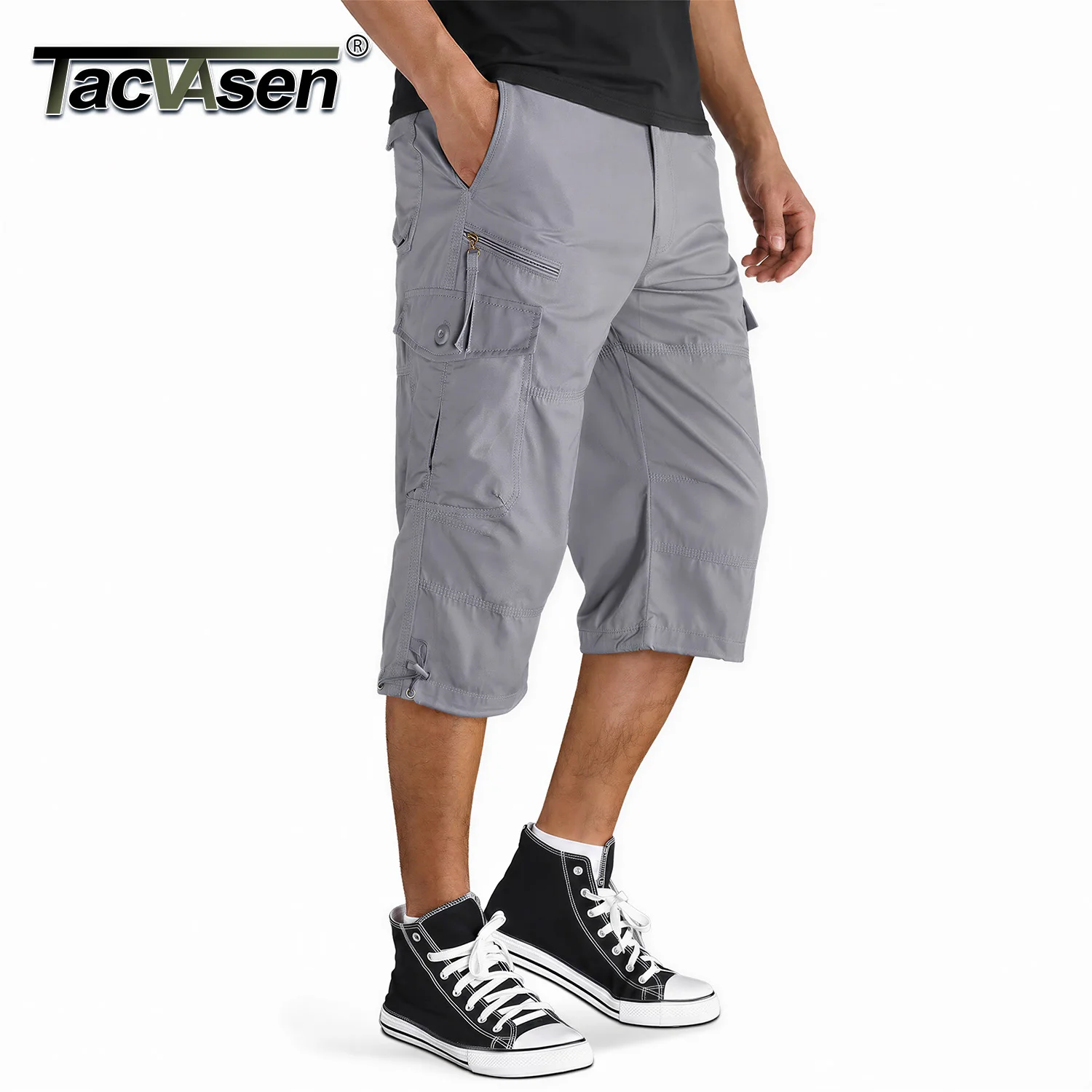 Cotton Below Knee Length Men's Outdoor Capri Pants with Multi Pockets