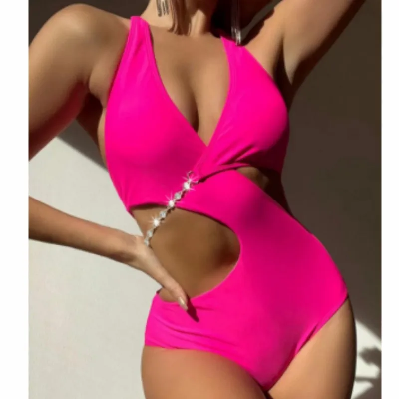 

2023 Womens Sexy Tummy Control High Cut Deep V Neck Swimwear Swimsuit One Piece Bathing Suit Flash Diamond