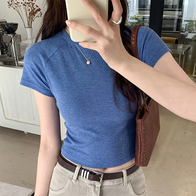 

Retro Slim Short Sleeves T-shirt Women Summer Causal Round Neck Solid Color Tops Y2k Korean Style Clothes