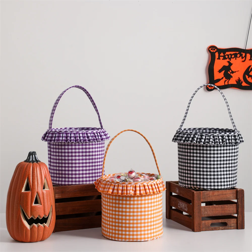 Rüschen Plaid Halloween Süßes oder Saures Eimer Süßigkeiten Korb Einkaufstasche für Kinder Home Party Dekoration