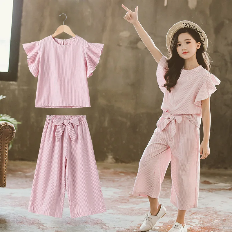 

2022 Summer Clothes Set Girls Children Striped Outfits Short-sleeved Tops + Wide Leg Pants Kids Clothes 5 6 7 8 9 10 11 12 year