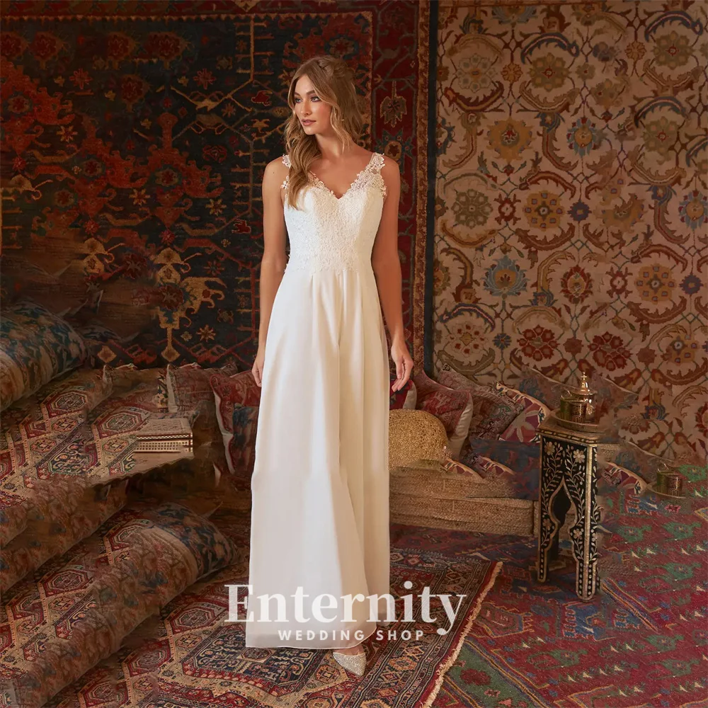 Customized Jumpsuit Bride Dress V-Neck Wedding Dress Modern Floor-Length Lace Chiffon Wedding Dresses for Woman Vestidos Dresses 2