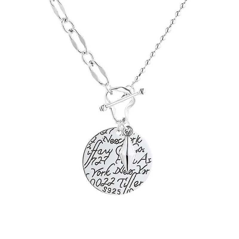 

363FL ZFSILVER Fashion Trendy Silver S925 Retro Graffiti New York O T Round Necklaces Women Charms Jewelry Accessories Match-all