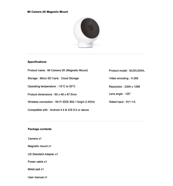 Cámara Vigilancia Xiaomi Mi Home Magnetic Mount 2K Wifi