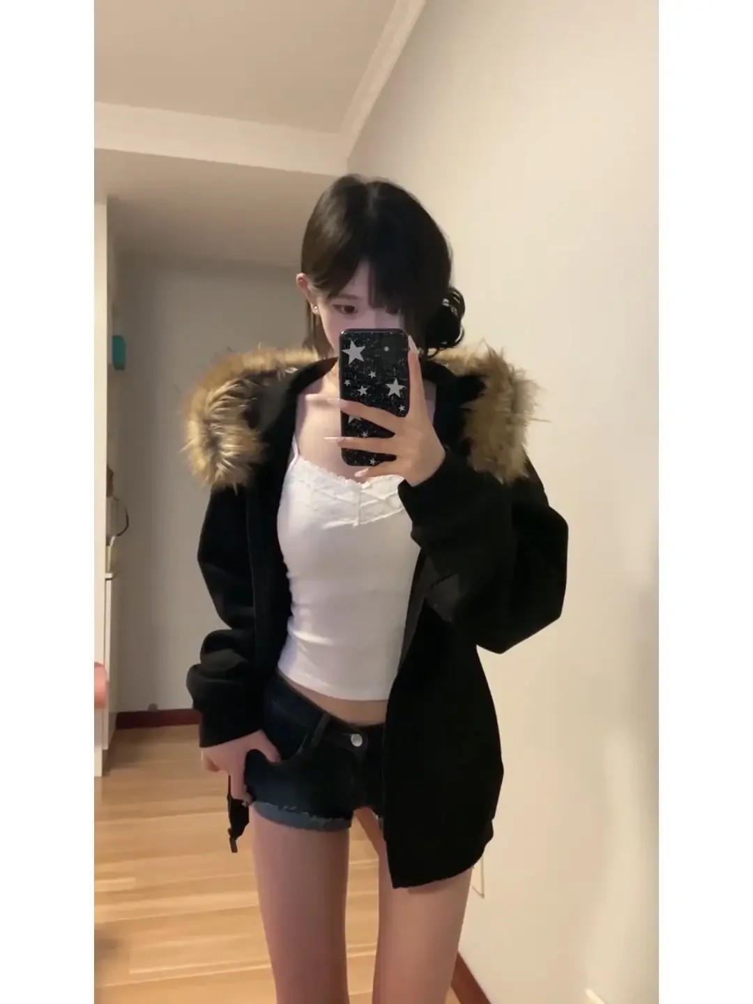 Description Picture 5 of itemY2k Women Black Zip Up Hoodies Vintage Korean Preppy Style Faux Fur Coat Oversized Casual Sweatshirt Harajuku Autumn Winter