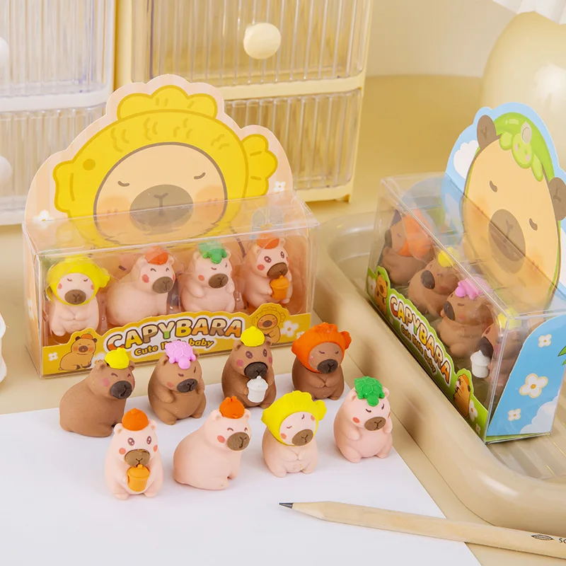 8 Pcs(2 상자) 도매 불교 Capybara 박스형 고무 세트 학생 크리스마스 끝 상품 선물 선물 문구