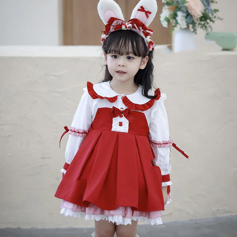 

Kids Girls Infants Spanish Dresses Lolita Dress for Girl Boutique Princess Red Clothes Infant Children Autumn New Year Ball Gown