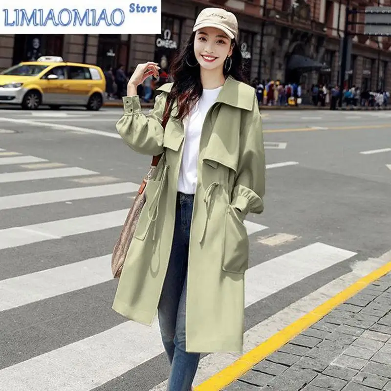 New Women's Coat With Lining Spring Autumn New Jacket British Style Coats Drawstring Windbreaker Mid-length Femme Overwear Green british style autumn