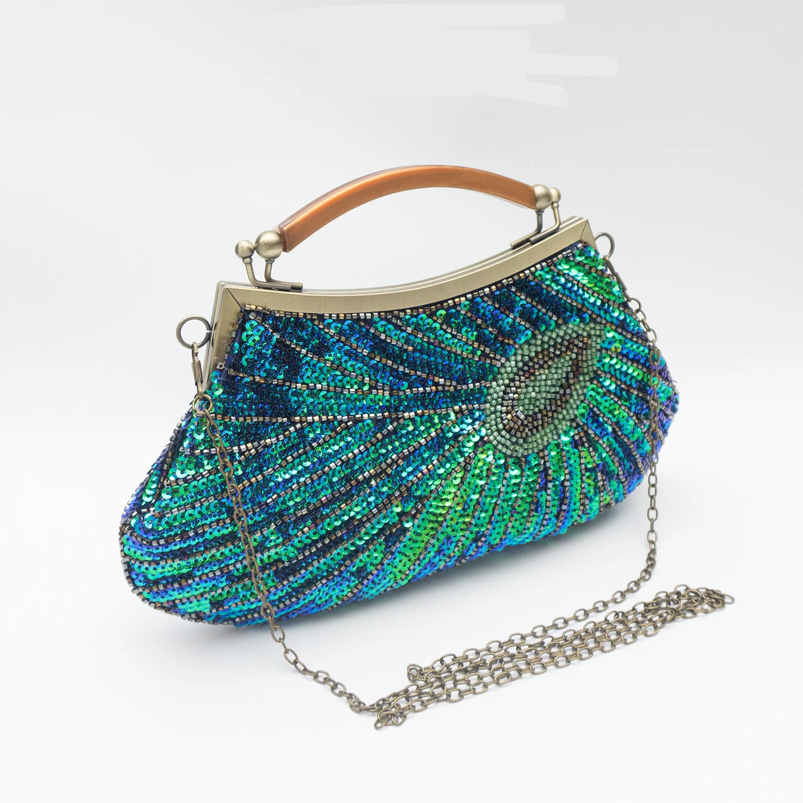 Fashionable Temperament Hand-held Peacock Feather Bead Sequin Bag Exquisite Handmade Retro Evening Dress Ball And Dinner Bag_voghion.com